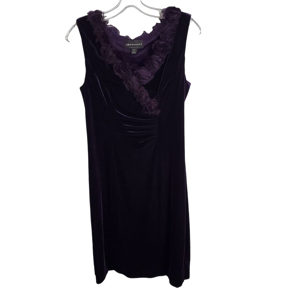 Connected Apparel Size 10 Dress Stretch Velvet Semi Fitted Rosette Trim Purple - Picture 2 of 9